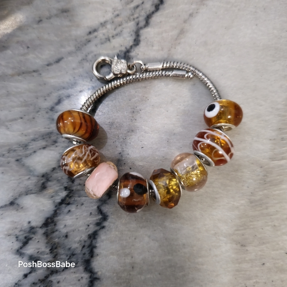 8 silver metal center glass beads for pandora type bracelets orange set